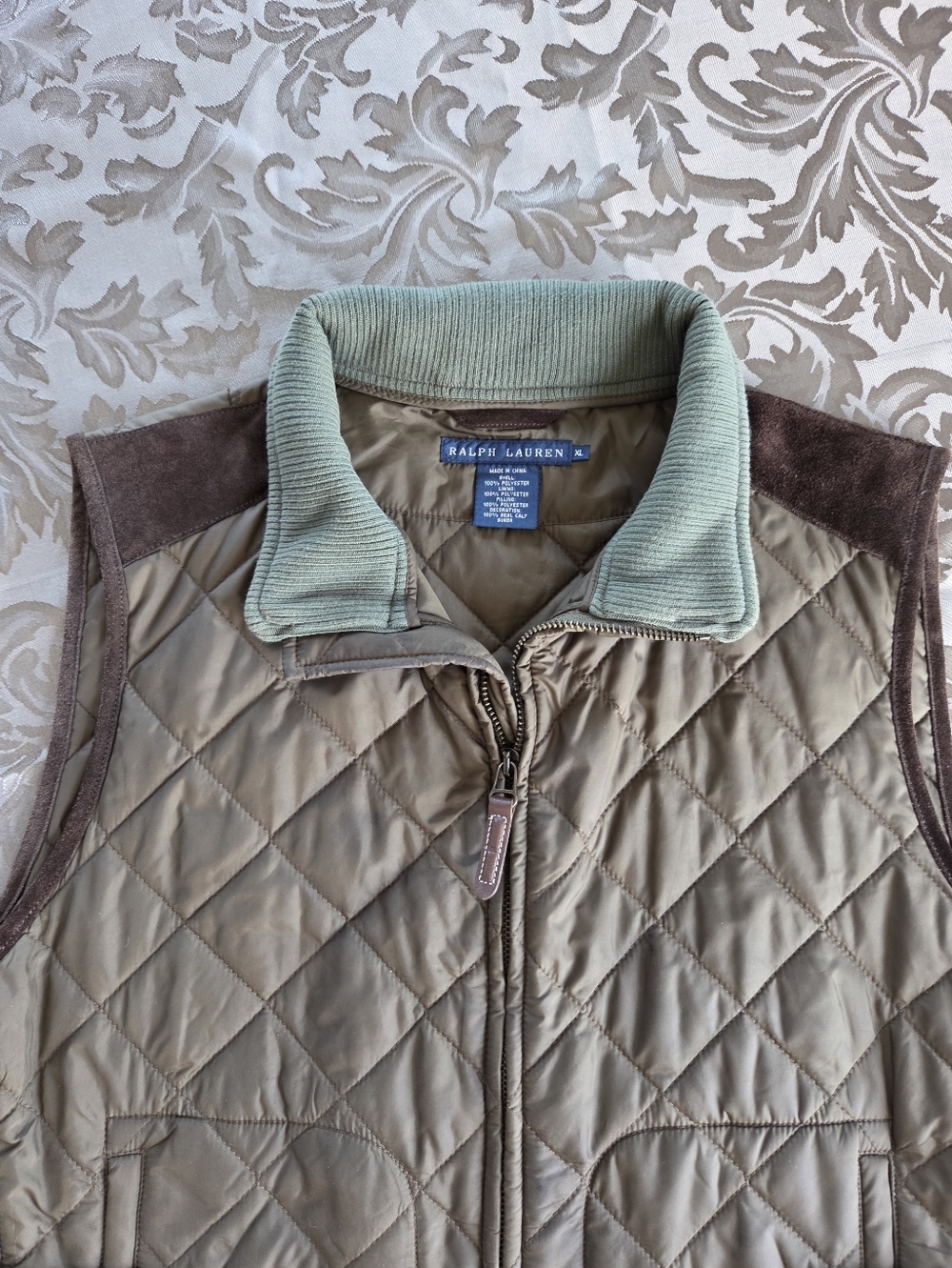 Ralph Lauren Equestrian Vest Suede & Quilted Olive Green Men's XL